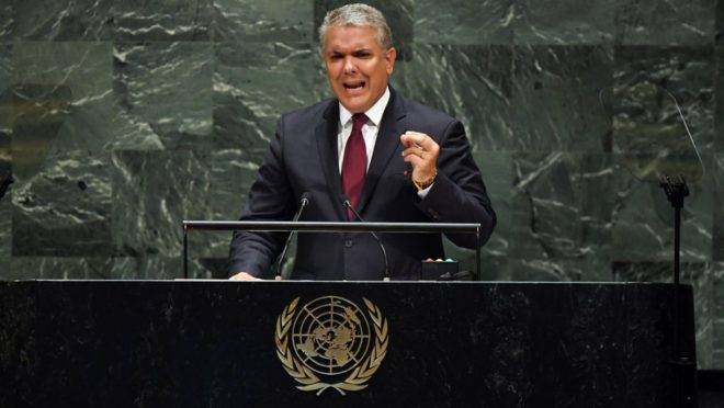 O presidente da Colômbia, Iván Duque, discursa na Assembleia Geral da ONU, em Nova York, 25 de setembro de 2019