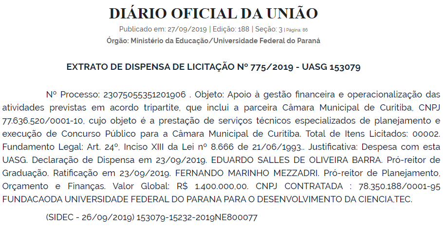 Reprodução do Diário Oficial da União de 27/09/2019 Reprodução do Diário Oficial da União de 27/09/2019