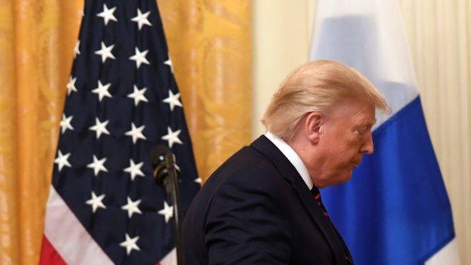 O presidente dos EUA, Donald Trump, após coletiva de imprensa com o presidente da Finlândia, Sauli Niinisto na Casa Branca, Washington, 2 de outubro de 2019