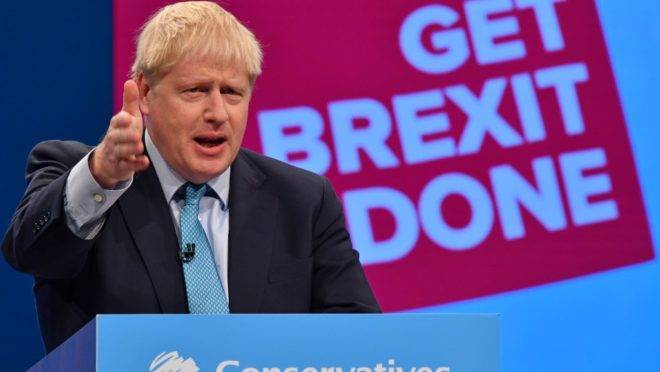 O primeiro-ministro do Reino Unido, Boris Johnson, discursa na conferência anual do Partido Conservador, em Manchester, 2 de outubro de 2019