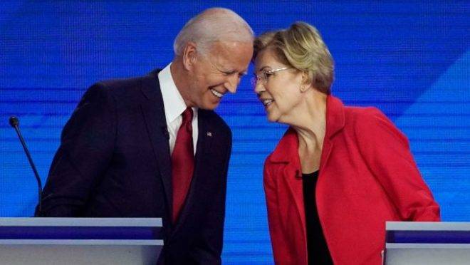 Mandatory Credit: Photo by David J Phillip/AP/Shutterstock (10412432o)
Democratic presidential candidates former Vice President Joe Biden, left and Sen. Elizabeth Warren, D-Mass., talk, during a Democratic presidential primary debate hosted by ABC at Texas Southern University in Houston
Election 2020 Debate, Houston, USA – 12 Sep 2019