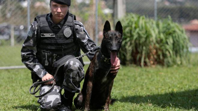 Angélica Chuede, policial e veterinária, com seu cachorro, o pastor holandês Hunter