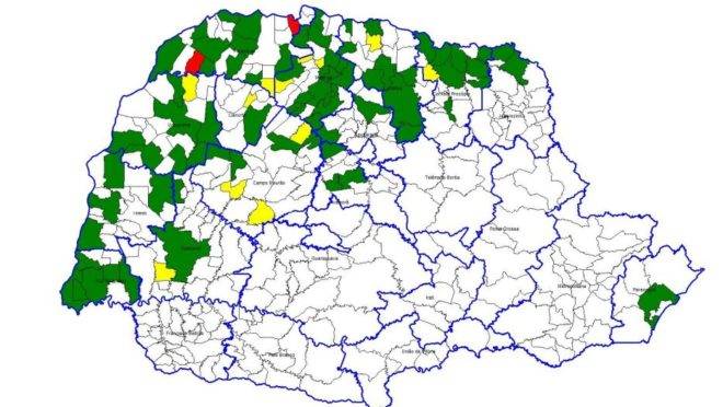 Mapa do Paraná mostra cidades com maior incidência de dengue entre 28/7/19 e 12/10/19.