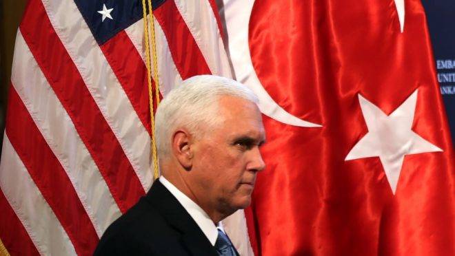 U.S. Vice President Mike Pence arrives to attebd a press conference at the U.S. Embassy in Ankara, Turkey, October 17, 2019. (Photo by Adem ALTAN / AFP)