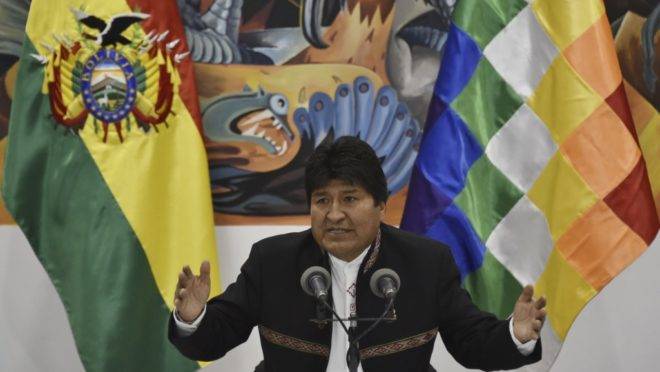 O presidente da Bolívia Evo Morales, reeleito para um quarto mandato, 23 de outubro de 2019