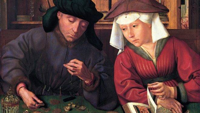 O cambista e a sua mulher (1514), de Quentin Matsys.