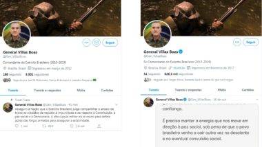 Perfil falso de general espalha temor de ação do Exército após decisão do STF Comparação entre a conta falsa e a conta oficial do general Villas Bôas