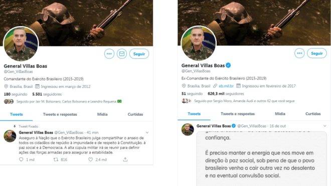 Comparação entre a conta falsa e a conta oficial do general Villas Bôas