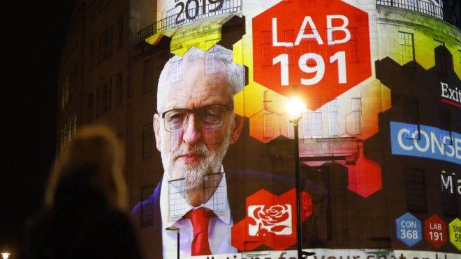 Resultados da boca de urna das eleições do Reino Unido projetados no prédio da BBC em Londres, 12 de dezembro de 2019