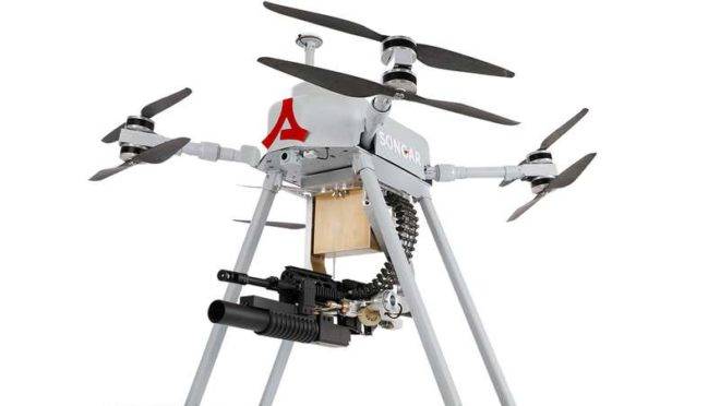 O drone Songar, fabricado pela empresa turca Asisguard, que pode ser equipado com uma metralhadora