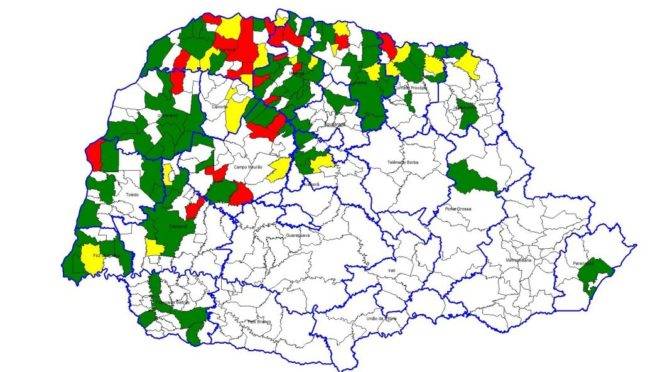 Mapa da dengue no Paraná segundo o 21º boletim epidemiológico da Sesa.