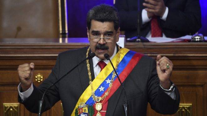 O ditador da Venezuela, Nicolás Maduro, discursa à Assembleia Nacional Constituinte em Caracas, 14 de janeiro de 2020