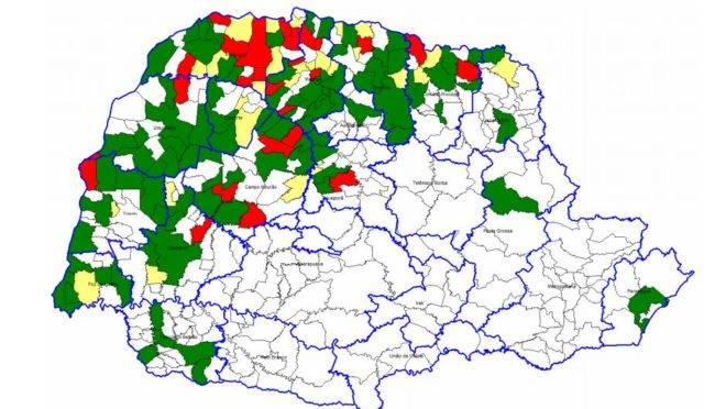 Mapa da situação da dengue no Paraná no Boletim Epidemiológico 22 da Secretaria de Saúde do Paraná.