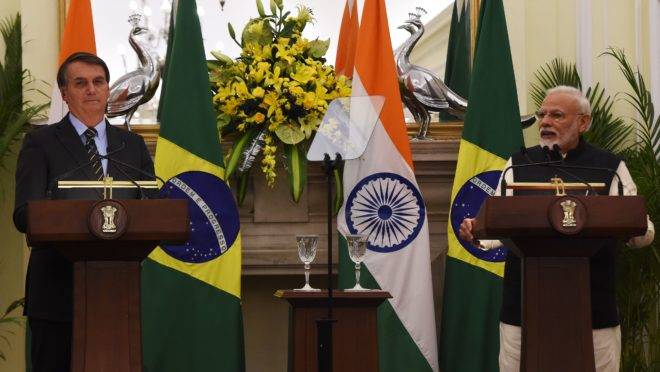 Os presidentes do Brasil, Jair Bolsonaro, e da Índia, Narendra Modi