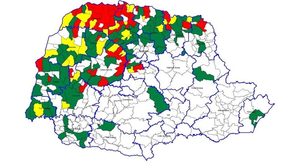 Paraná entra em estado de alerta por epidemia de dengue Mapa mostra o cenário da dengue no Paraná no início de fevereiro de 2020.