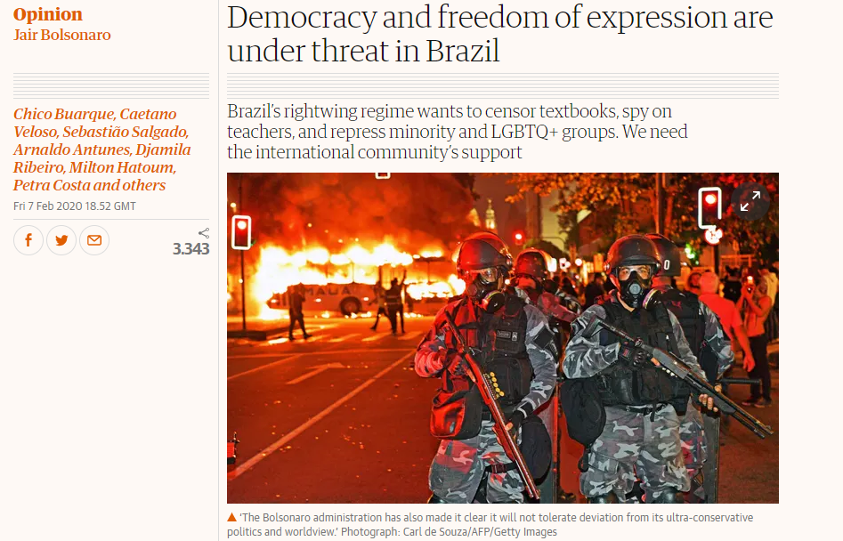 Artistas, intelectuais e celebridades publicam carta contra Bolsonaro em jornal inglês.