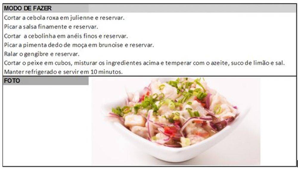A ficha técnica precisa conter também a receita completa e uma foto da apresentação. Imagem: BF Escola de Gastronomia/divulgação. A ficha técnica precisa conter também a receita completa e uma foto da apresentação. Imagem: BF Escola de Gastronomia/divulgação.