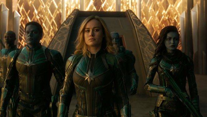 Brie Larson em Capitã Marvel, um dos filmes campeões de bilheteria em 2019.