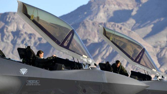 F-35A Lightning II pilots with the 421st Fighter Squadron return after flying a sortie during exercise Red Flag 20-1 at Nellis Air Force Base, Nev., Feb. 3, 2020. Red Flag is the Air Force’s premiere large-scale combat exercise. (U.S. Air Force photo by R. Nial Bradshaw)