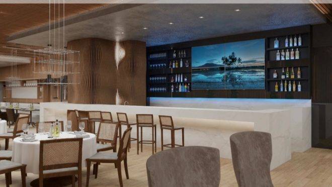 O bar do La Varenne renovado e não mais no meio do salão – conforme projeto da arquiteta Giuliana Soncin .