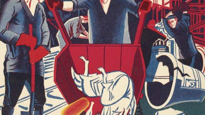 Capa da revisa soviética "Sem Deus", de 1929, mostra um operário despejando Jesus de um carrinho de mão.