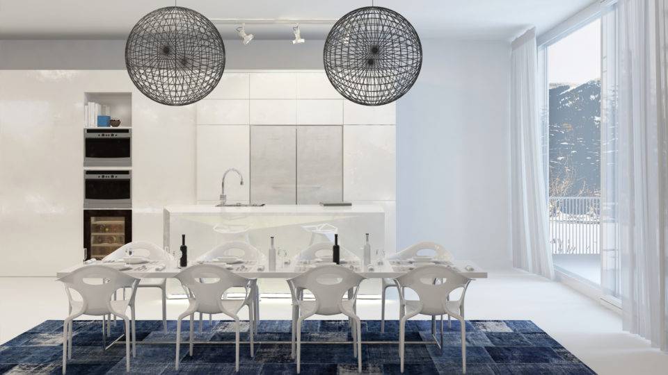 Por exemplo, para uma mesa de seis lugares com as medidas 1m x 1,80m, o ideal é um tapete com tamanho 2m x 2,50m para que sobre relativo espaço nos lados.