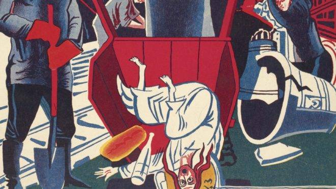 Capa da revisa soviética “Sem Deus”, de 1929, mostra um operário despejando Jesus de um carrinho de mão.