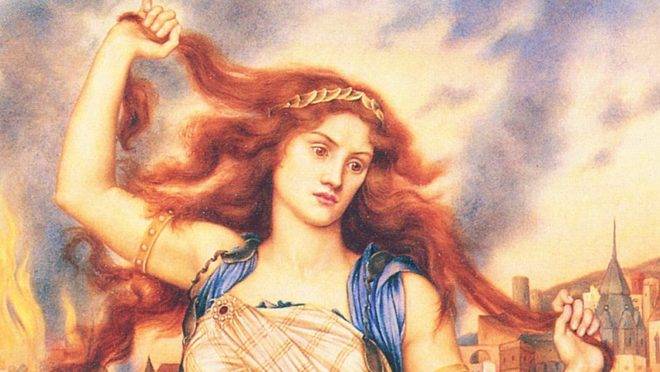 Cassandra em frente à cidade de Troia em chamas, em pintura de Evelyn De Morgan.