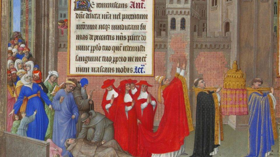 Gravura do Livro das Horas do duque de Berry mostra Gregório I em procissão para combater a peste em Roma, no século 6.º.