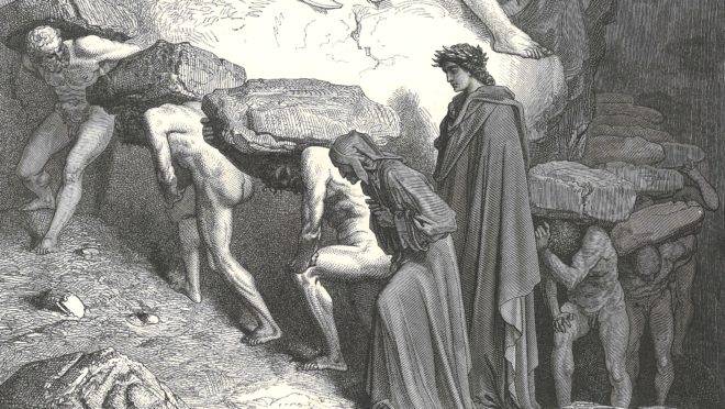 A punição dos orgulhosos no Purgatório, na gravura de Gustave Doré.