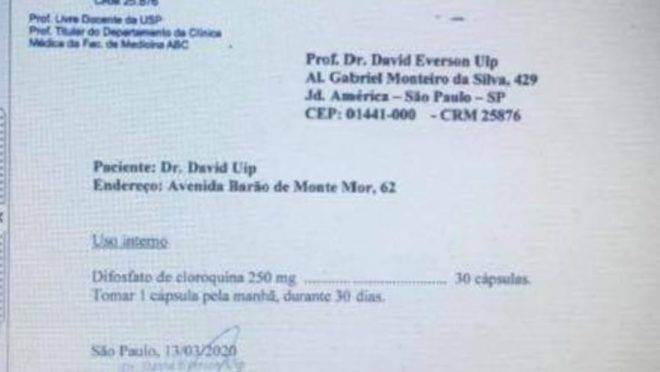 Imagem de receita, assinada por David Uip, com a prescrição da cloroquina, vazou nas redes sociais.