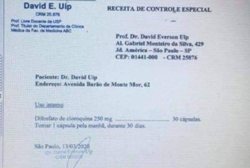 David Uip não diz se usou cloroquina e pede respeito a Bolsonaro Imagem de receita, assinada por David Uip, com a prescrição da cloroquina, vazou nas redes sociais.
