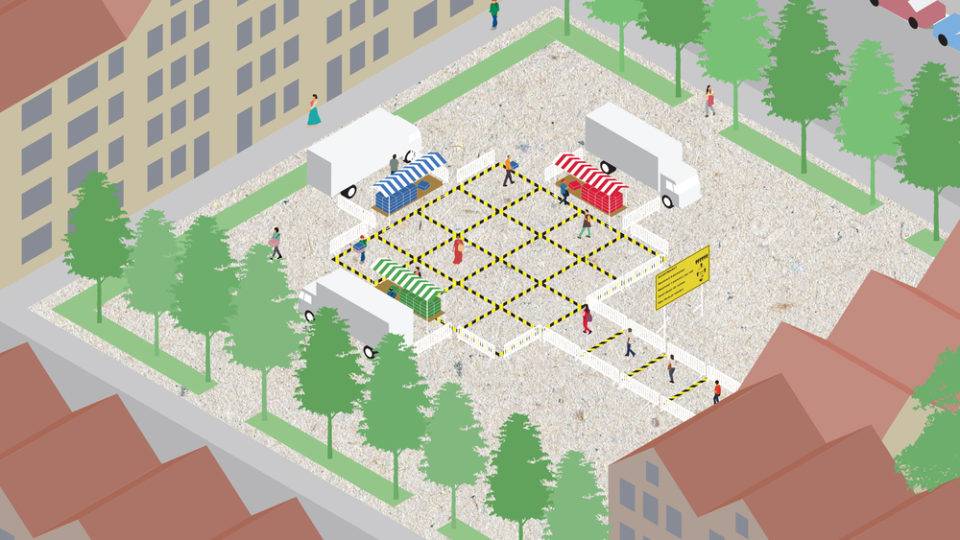 Arquitetos propõem estrutura simples para organizar e apoiar comércio de rua Ideia do escritório holandês Shift Architecture prevê comércio em quadras desmontáveis e com controle de acesso para prevenir a contaminação pelo novo coronavírus.