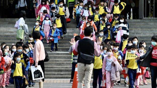 Crianças usando máscaras de proteção deixam escola primária em Nova Taipé, Taiwan, 3 de março de 2020