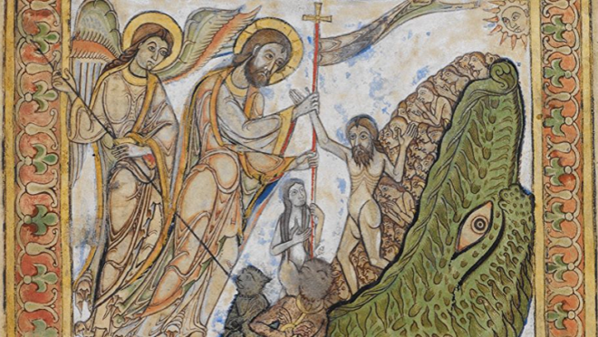 A descida aos infernos, representação iconográfica que representa a vitória de Cristo sobre a morte, em uma ilustração de um saltério do século XII.