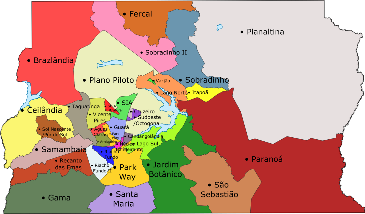 Mapa com as 33 regiões administrativas do DF. Brasília pode ser considerada a RA I, denominada no mapa como Plano Piloto, ou o conjunto de todas as RAs. Mapa com as 33 regiões administrativas do DF. Brasília pode ser considerada a RA I, denominada no mapa como Plano Piloto, ou o conjunto de todas as RAs.