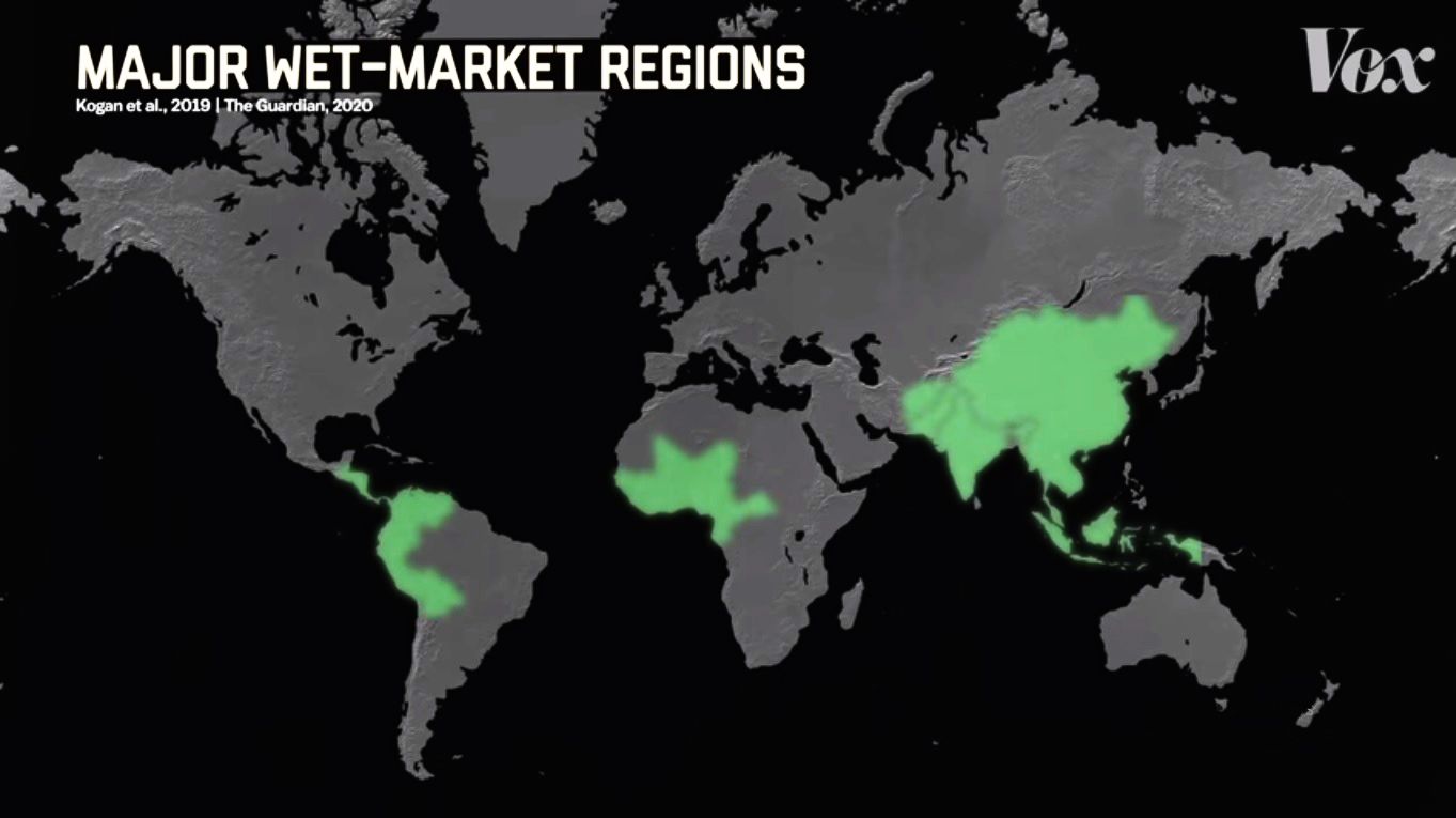 Com informações dos jornais The Guardian e JMIR, especializado em saúde pública, o canal Vox Atlas criou este mapa onde estão concentrados os principais mercados úmidos no planeta. Com informações dos jornais The Guardian e JMIR, especializado em saúde pública, o canal Vox Atlas criou este mapa onde estão concentrados os principais mercados úmidos no planeta.