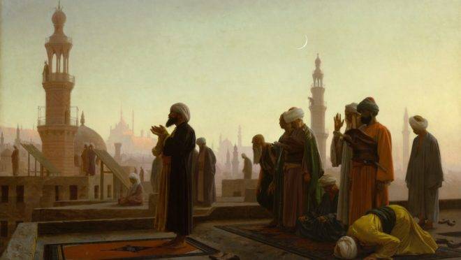 Muçulmanos rezam em pintura de Jean-Léon Gérôme: países islâmicos pressionaram durante anos para qualificar as críticas ao Islã como preconceito religioso.
