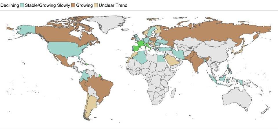 Mapa de estudo do Imperial College de Londres mostra quais são os países que devem ter um crescimento do contágio da Covid-19.