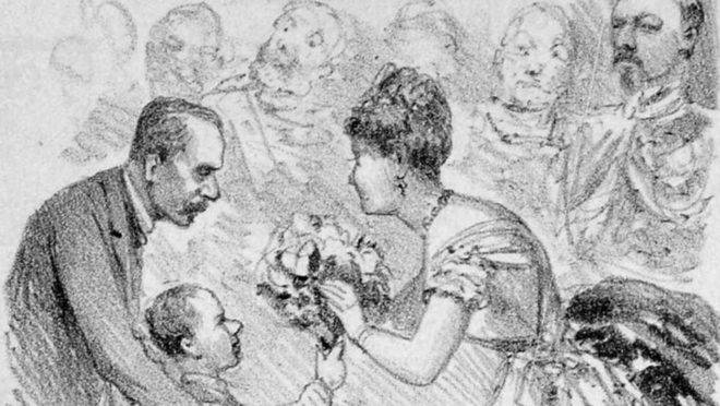 Na ilustração da Revista Illustrada, de 1888, José de Seixas Magalhães entrega camélias para a princesa Isabel