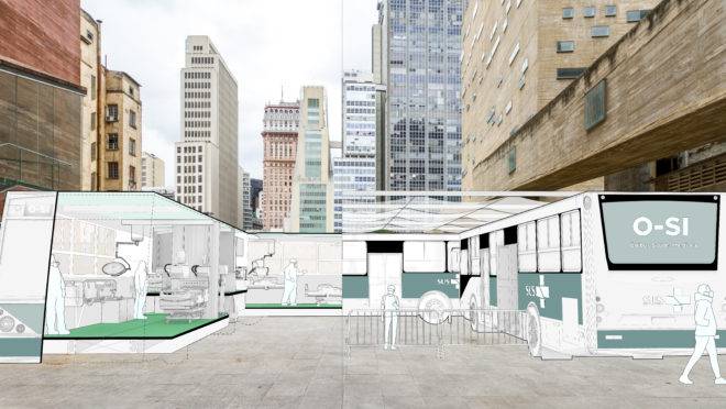 Projeto O-SI do coletivo Democratic Architects prevê a possibilidade de utilização de quase cinco mil ônibus que estão fora de frota para o atendimento básico de saúde.
