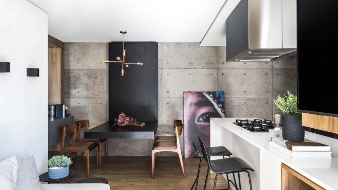 Projeto da UNIC Arquitetura para apartamento de 65 m² une multifuncionalidade com linguagem industrial.
