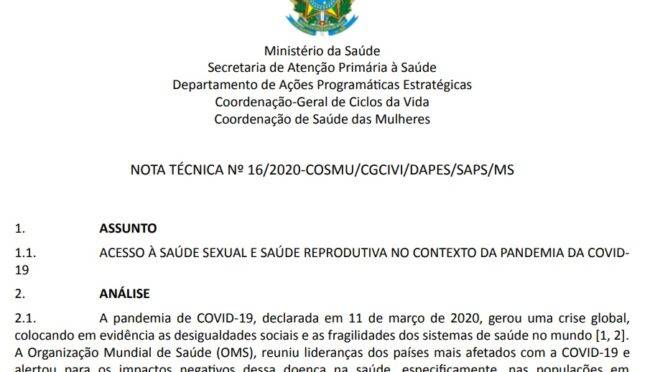 A nota técnica publicada pelo Ministério da Saúde, que cita o aborto legal.
