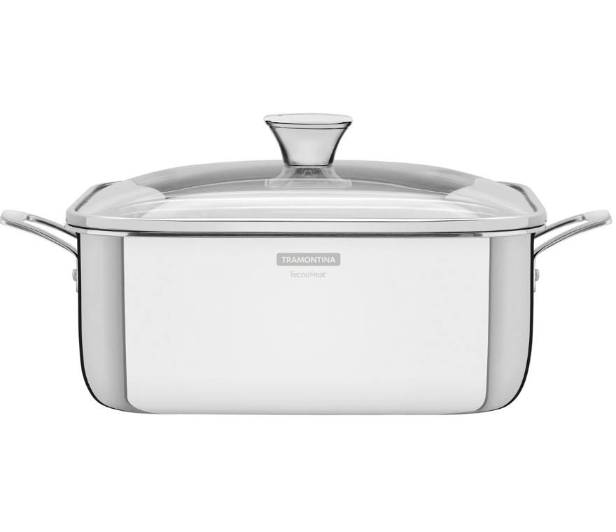 Caçarola Tramontina Grano quadrada em aço inox com suporte para tampa. Em corpo triplo e tampa de vidro com capacidade para 7,3 l. Preço sob consulta, na Tramontina. Caçarola Tramontina Grano quadrada em aço inox com suporte para tampa. Em corpo triplo e tampa de vidro com capacidade para 7,3 l. Preço sob consulta, na Tramontina.