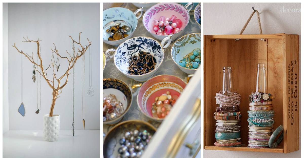 Colares nos galhos de uma árvore de metal, dentro de ícaras clássicas e em garrafas são algumas das opções. Fotos (da esquerda para a direita): Divulgação Etsy, Reprodução Pinterest e Reprodução Decoratrix
