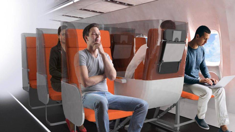 Estudo traça 31 oportunidades de negócio da economia ‘de baixo contato’ criada por coronavírus Projeto conceitual de aviões adaptados da AvioInteriors prevê separações entre passageiros e assentos de lados opostos para evitar a contaminação dos tripulantes.