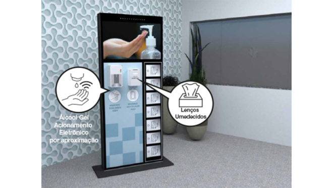 Totem Álcool em Gel Eletrônico com TV e Lenço Umedecido
