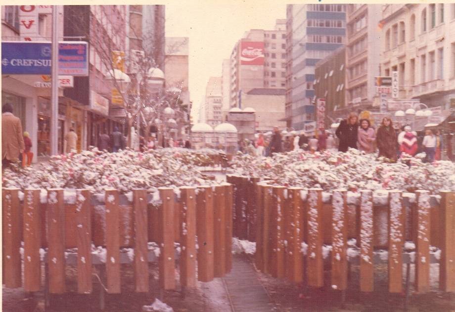 Floreiras da Rua XV de Novembro cobertas de neve em 1975.