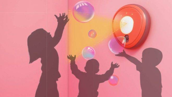 Dispositivo que libera automaticamente desinfetante líquido em forma de bolhas de sabão para crianças é um dos finalistas do prêmio Jump the Gap da espanhola Roca. Imagem: divulgação
