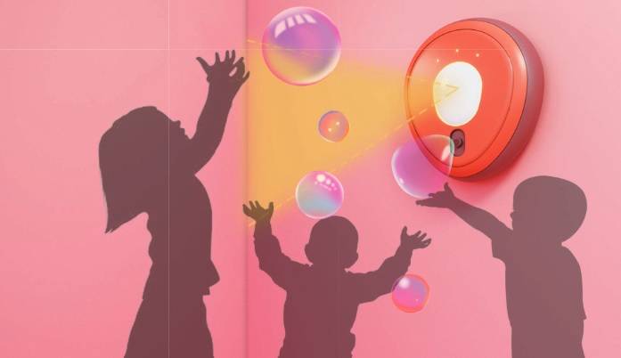Dispositivo libera desinfetante em forma de bolhas de sabão para crianças se prevenirem da Covid-19 Dispositivo que libera automaticamente desinfetante líquido em forma de bolhas de sabão para crianças é um dos finalistas do prêmio Jump the Gap da espanhola Roca. Imagem: divulgação